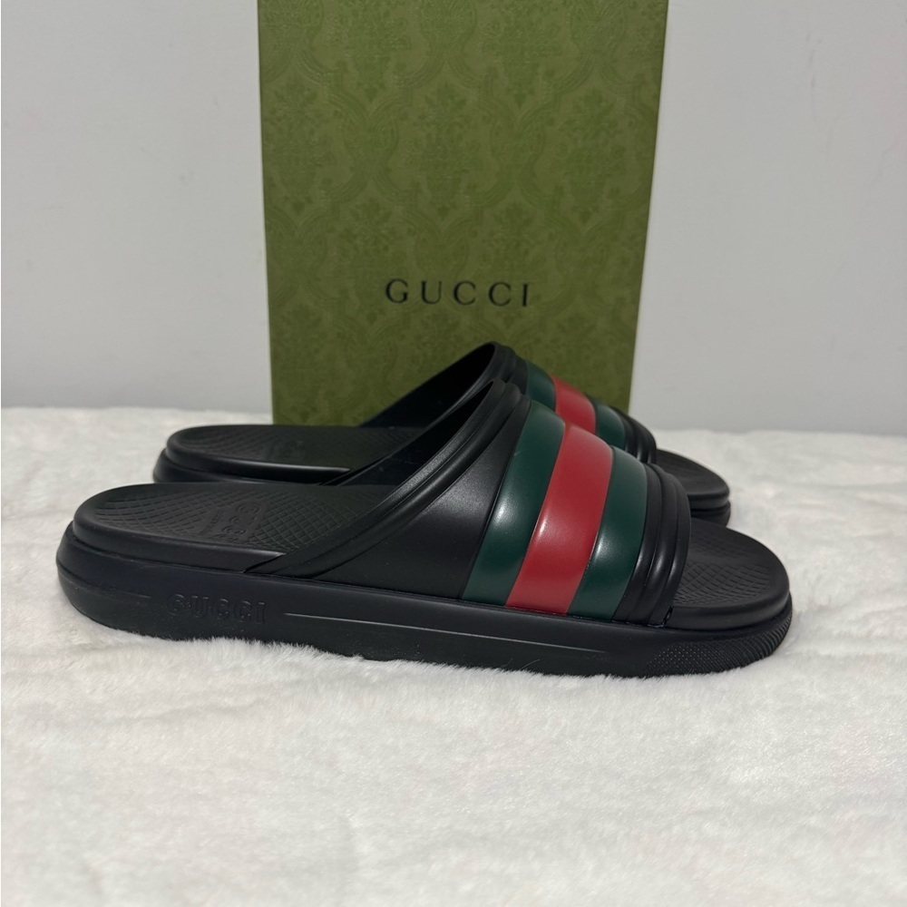 Gucci Black Slides with Red and Green Accents